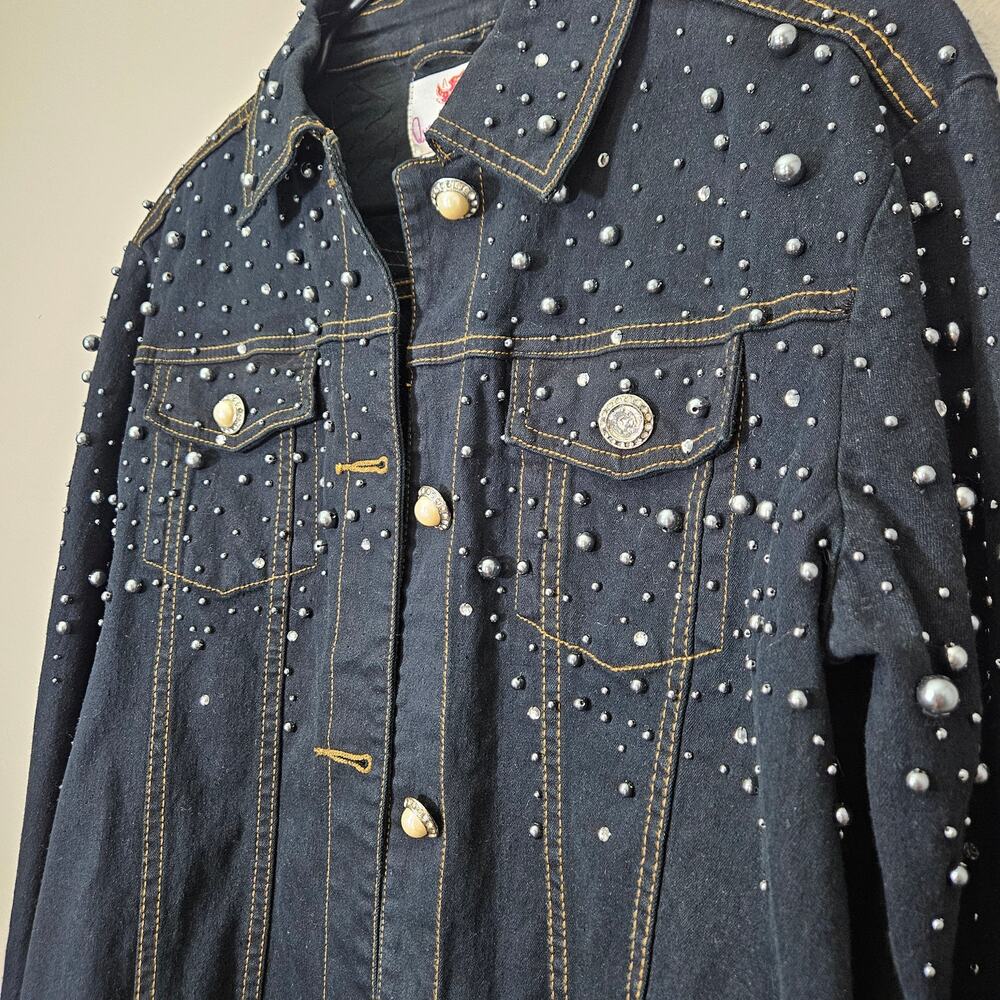 Y2K Quacker Factory XS Black Denim Pearl Studded Jacket Western McBling Cowgirl